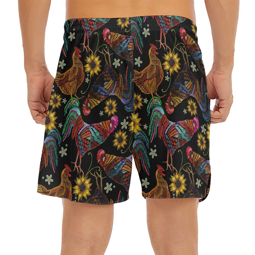 Embroidery Rooster Pattern Print Men's Split Running Shorts