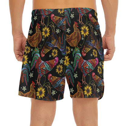 Embroidery Rooster Pattern Print Men's Split Running Shorts
