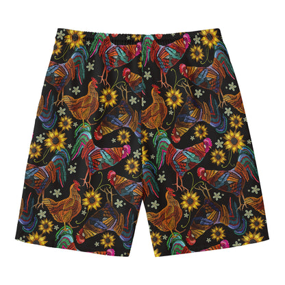 Embroidery Rooster Pattern Print Men's Swim Trunks