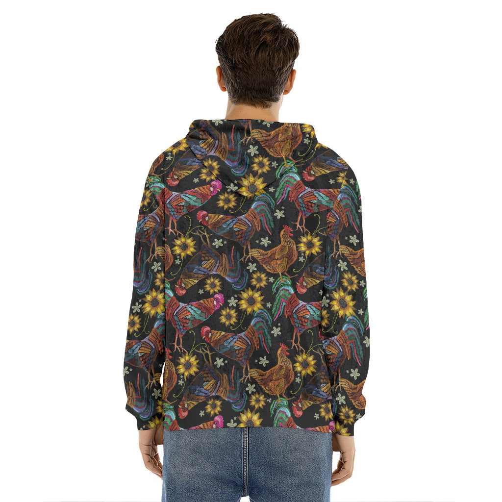 Embroidery Rooster Pattern Print Men's Velvet Pullover Hoodie