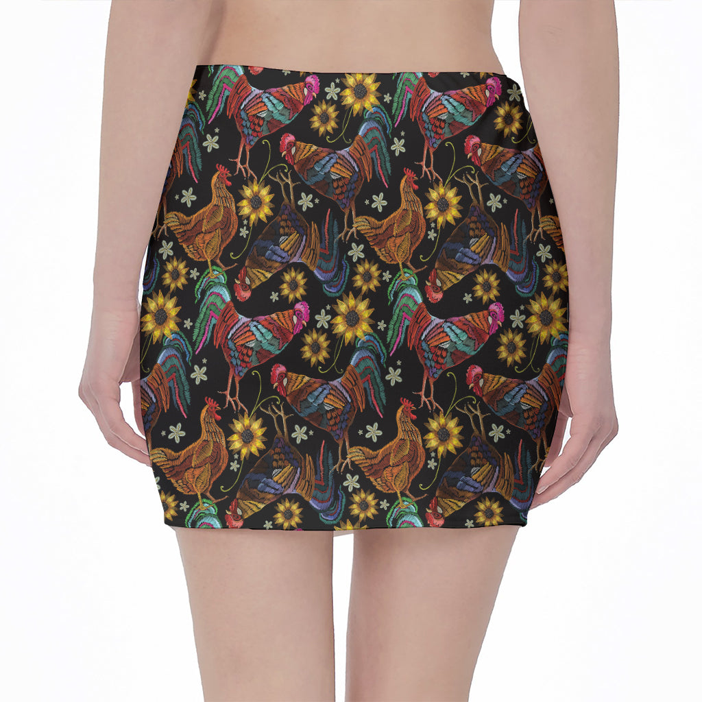 Embroidery Rooster Pattern Print Pencil Mini Skirt
