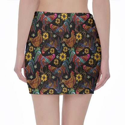 Embroidery Rooster Pattern Print Pencil Mini Skirt