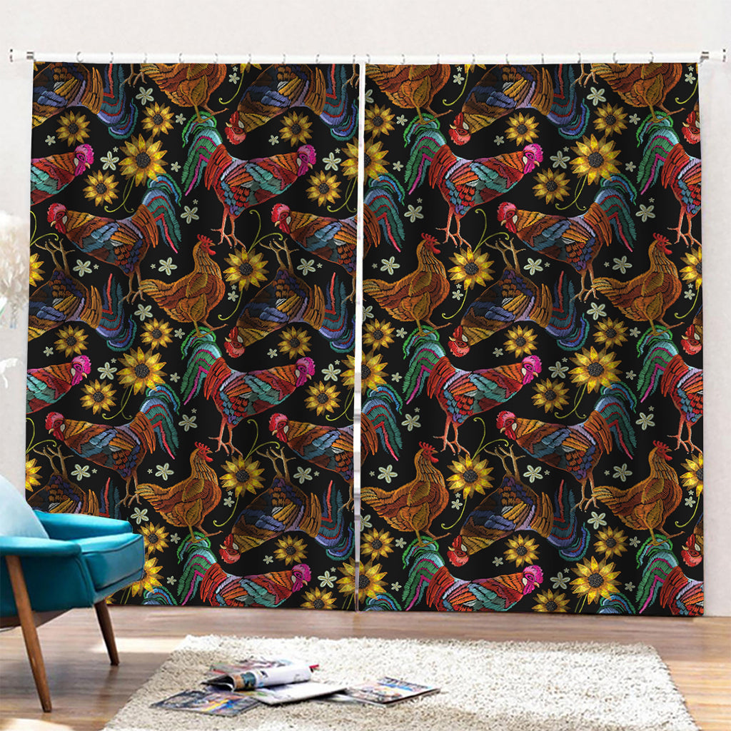 Embroidery Rooster Pattern Print Pencil Pleat Curtains