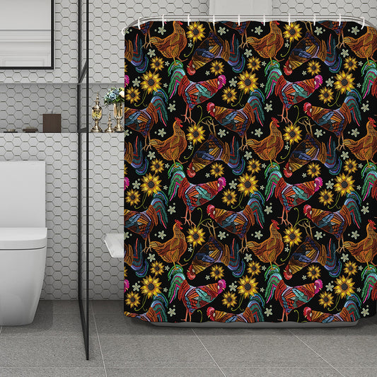 Embroidery Rooster Pattern Print Polyester Shower Curtain