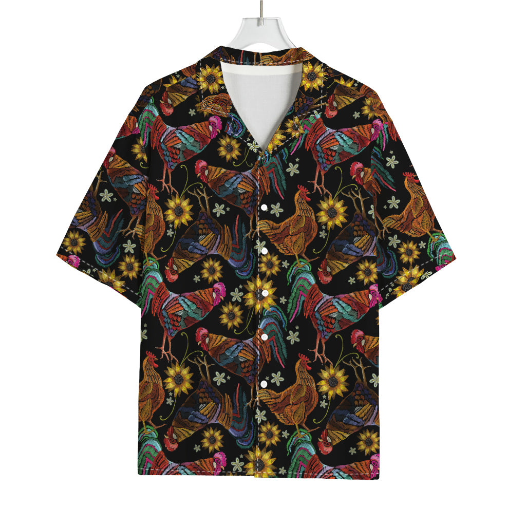 Embroidery Rooster Pattern Print Rayon Hawaiian Shirt