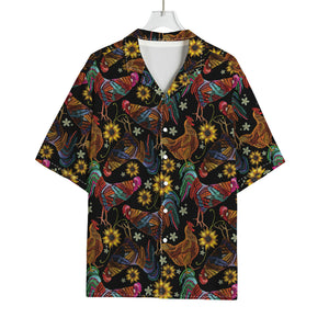 Embroidery Rooster Pattern Print Rayon Hawaiian Shirt