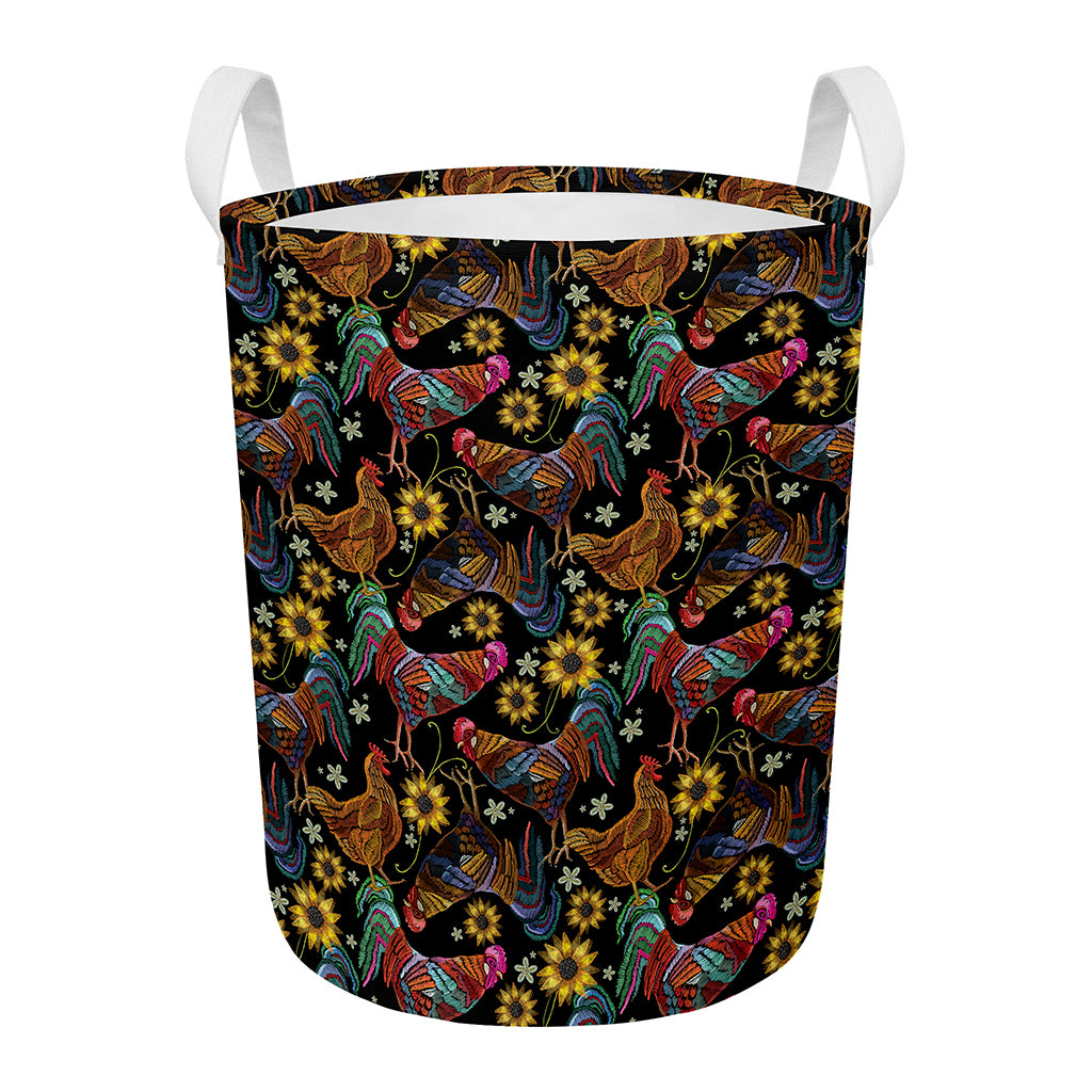 Embroidery Rooster Pattern Print Round Laundry Basket