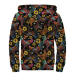 Embroidery Rooster Pattern Print Sherpa Lined Zip Up Hoodie