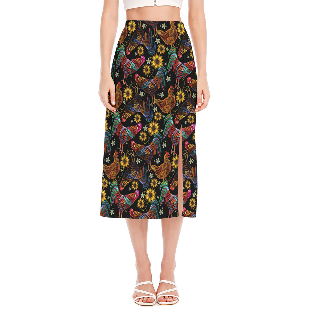 Embroidery Rooster Pattern Print Side Slit Midi Skirt