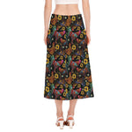 Embroidery Rooster Pattern Print Side Slit Midi Skirt