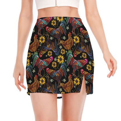 Embroidery Rooster Pattern Print Side Slit Mini Skirt