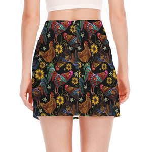 Embroidery Rooster Pattern Print Side Slit Mini Skirt