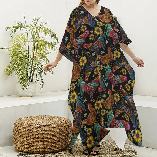 Embroidery Rooster Pattern Print Silk V-Neck Kaftan Dress