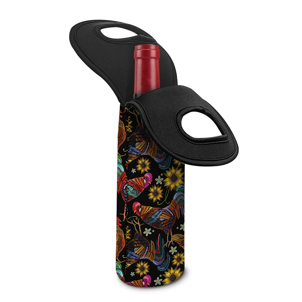 Embroidery Rooster Pattern Print Single Neoprene Wine Tote