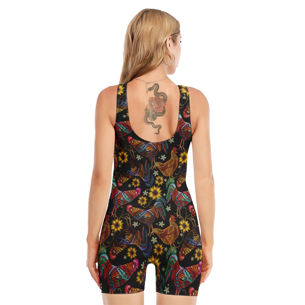 Embroidery Rooster Pattern Print Sleeveless One Piece Swimsuit