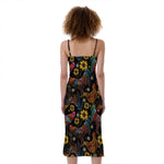 Embroidery Rooster Pattern Print Slim Fit Midi Cami Dress