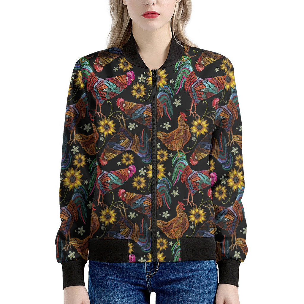 Embroidery Rooster Pattern Print Women's Bomber Jacket