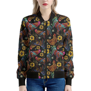 Embroidery Rooster Pattern Print Women's Bomber Jacket