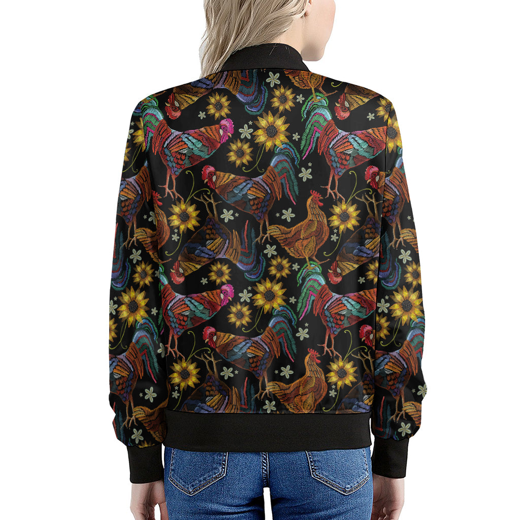 Embroidery Rooster Pattern Print Women's Bomber Jacket