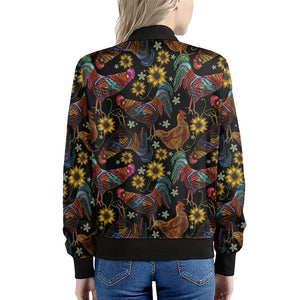 Embroidery Rooster Pattern Print Women's Bomber Jacket