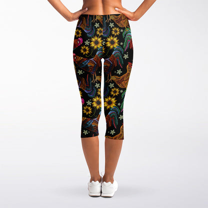 Embroidery Rooster Pattern Print Women's Capri Leggings