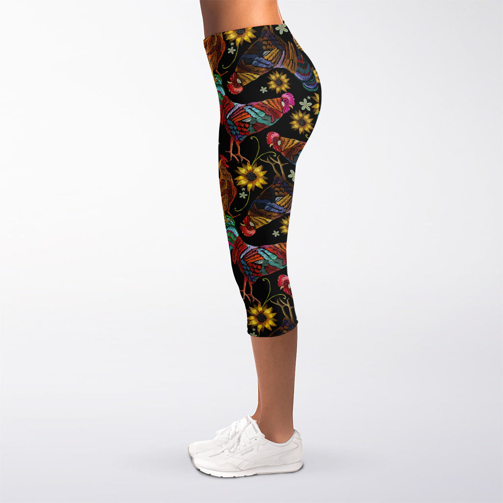 Embroidery Rooster Pattern Print Women's Capri Leggings