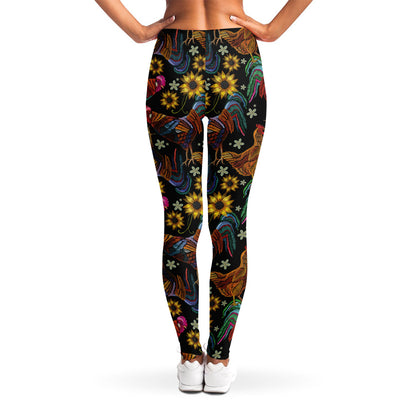 Embroidery Rooster Pattern Print Women's Leggings