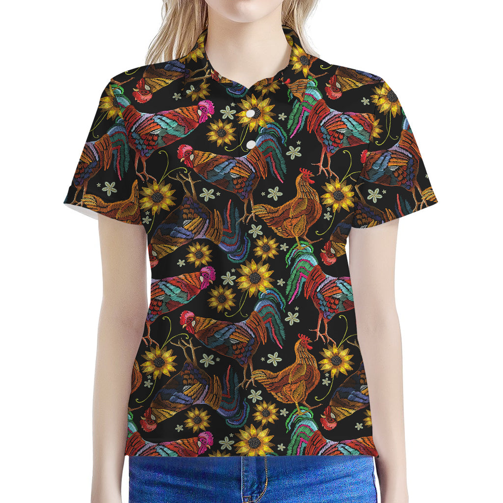 Embroidery Rooster Pattern Print Women's Polo Shirt