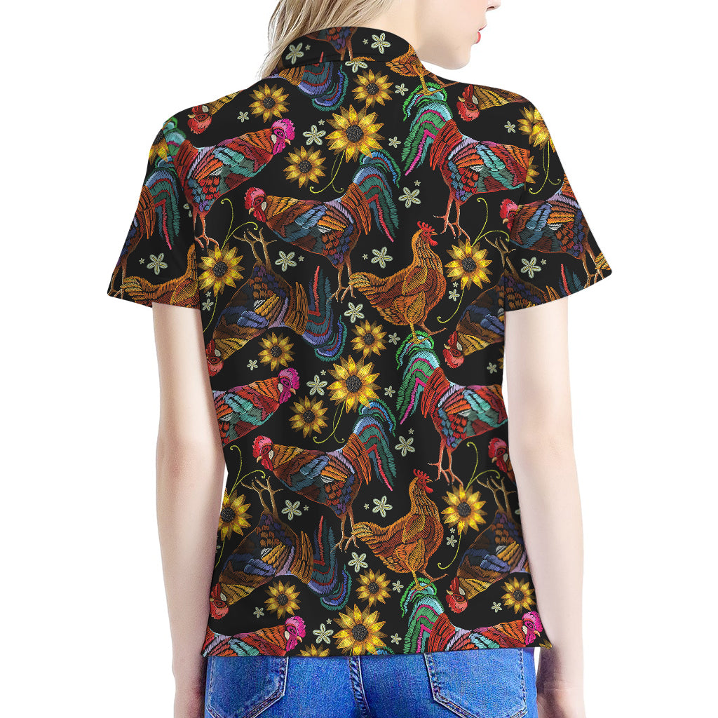 Embroidery Rooster Pattern Print Women's Polo Shirt