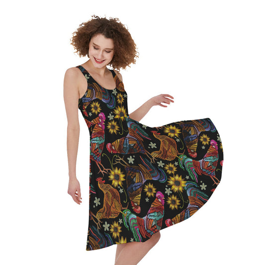 Embroidery Rooster Pattern Print Women's Sleeveless Dress