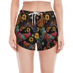Embroidery Rooster Pattern Print Women's Split Running Shorts