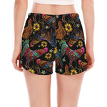 Embroidery Rooster Pattern Print Women's Split Running Shorts