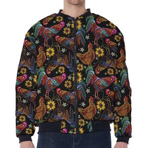 Embroidery Rooster Pattern Print Zip Sleeve Bomber Jacket