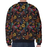 Embroidery Rooster Pattern Print Zip Sleeve Bomber Jacket