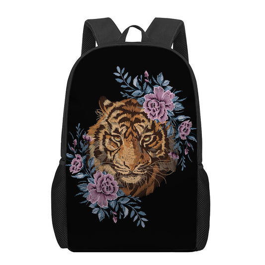 Embroidery Tiger And Flower Print 17 Inch Backpack
