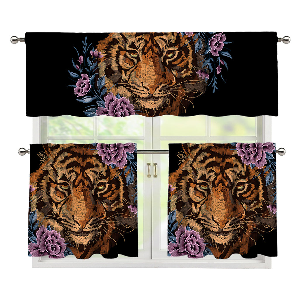 Embroidery Tiger And Flower Print 3 Piece Kitchen Curtains