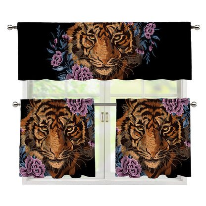 Embroidery Tiger And Flower Print 3 Piece Kitchen Curtains