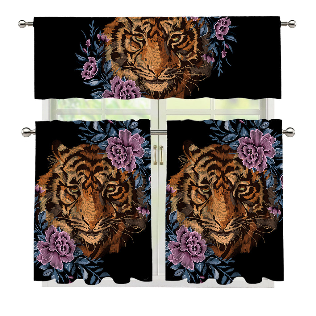 Embroidery Tiger And Flower Print 3 Piece Kitchen Curtains