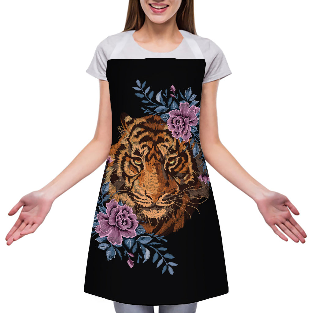 Embroidery Tiger And Flower Print Adjustable Apron