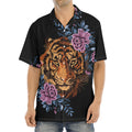 Embroidery Tiger And Flower Print Aloha Shirt