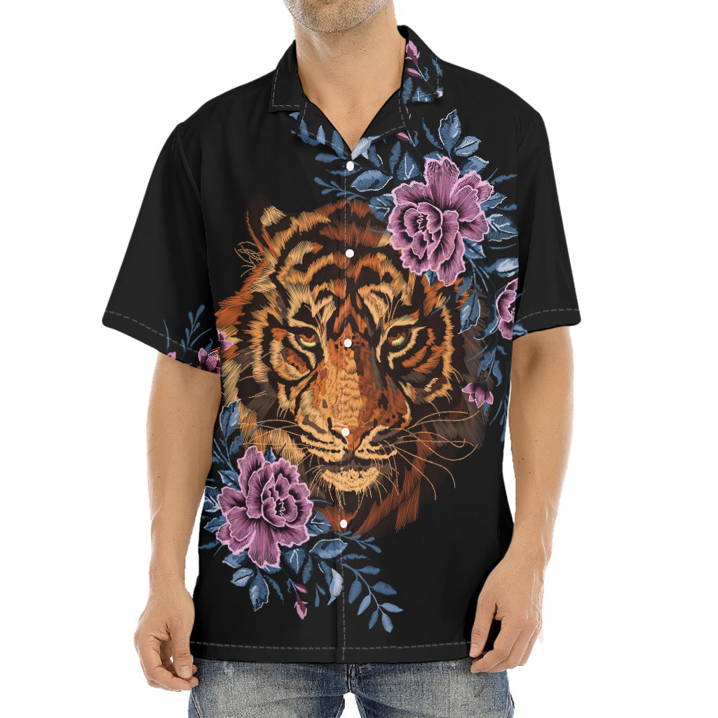 Embroidery Tiger And Flower Print Aloha Shirt