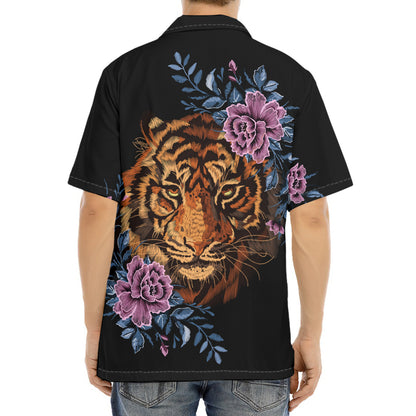 Embroidery Tiger And Flower Print Aloha Shirt