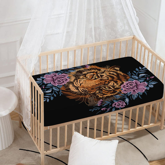 Embroidery Tiger And Flower Print Baby Crib Sheet