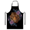 Embroidery Tiger And Flower Print Bib Apron With Pocket