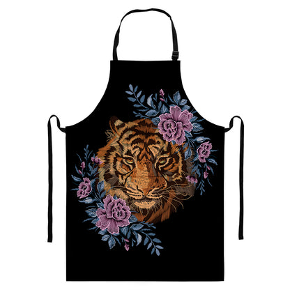 Embroidery Tiger And Flower Print Bib Apron With Pocket