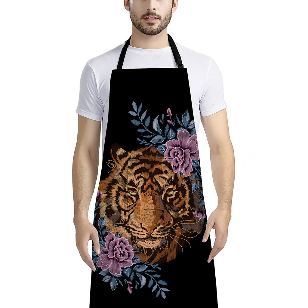 Embroidery Tiger And Flower Print Bib Apron With Pocket
