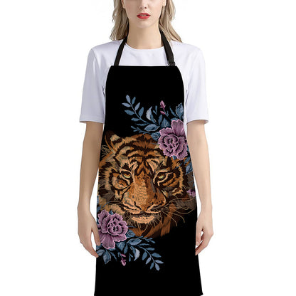 Embroidery Tiger And Flower Print Bib Apron With Pocket