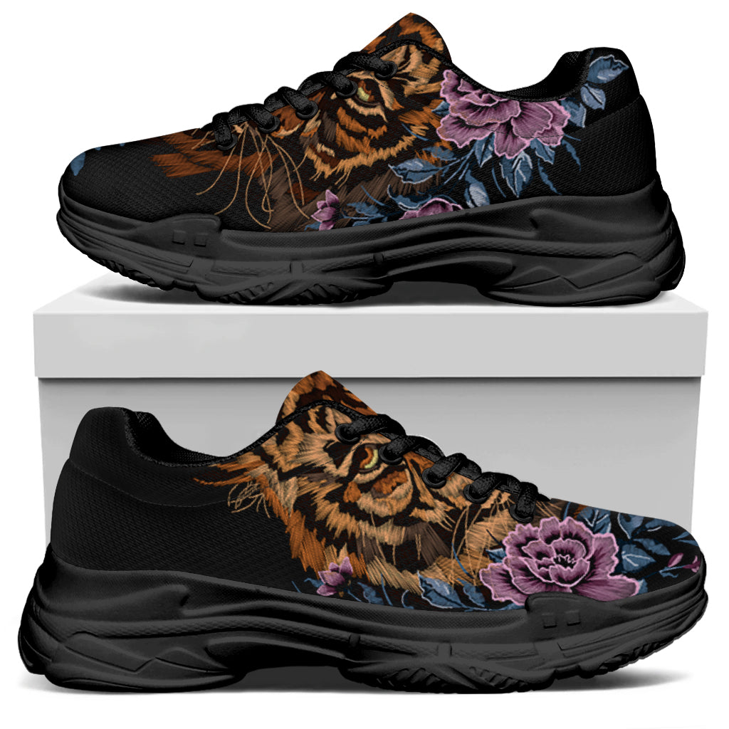 Embroidery Tiger And Flower Print Black Chunky Shoes