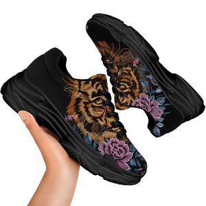 Embroidery Tiger And Flower Print Black Chunky Shoes