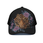 Embroidery Tiger And Flower Print Black Mesh Trucker Cap